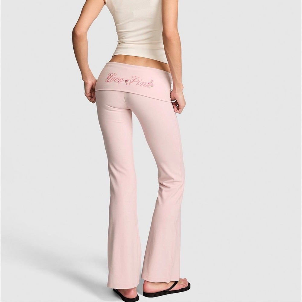 VS PINK FOLDOVER FLARE LEGGING SOFT MODAL DOLLHOUSE LOVE PINK FLORAL LOGO